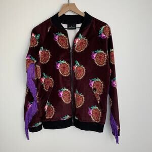 Moon & Nomad Mixed Emotions Velvet Bomber Jacket Burgundy Purple Fringe Medium